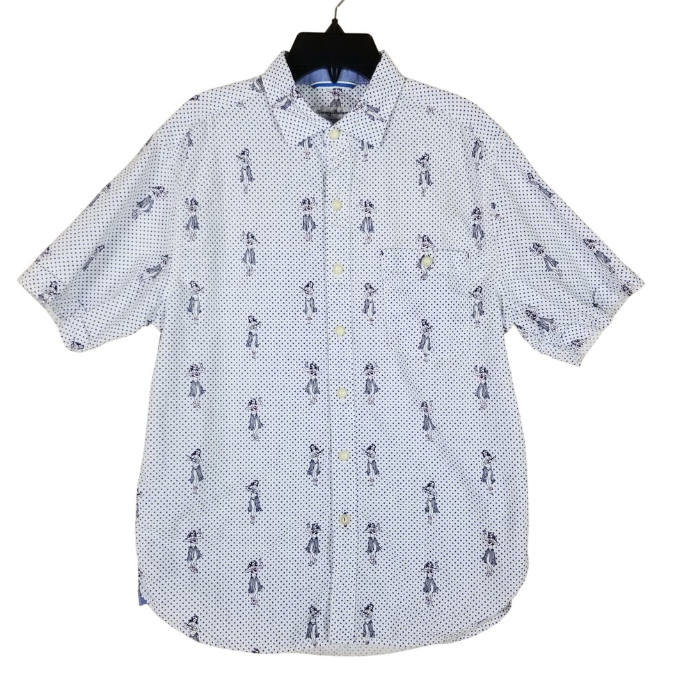 Tommy Bahama Shirt Mens Small White Blue Hula Girl Polka Dot Short Sleeve Cotton